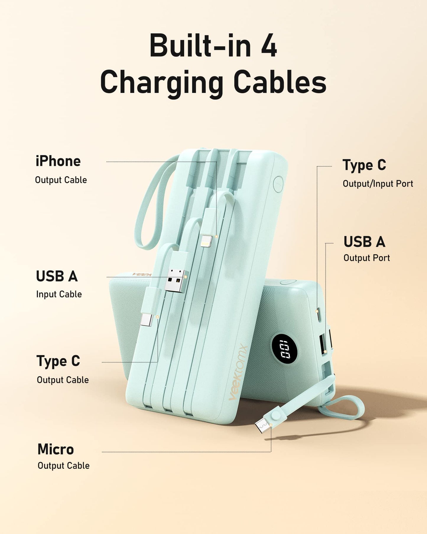 VEEKTOMX Portable Charger Built-in Cables, Power Bank for iPhone, Fast Charge USB C Battery Pack Travel Essentials Powerbank Compatible with iPhone 17/16/15/14, Samsung S25/24