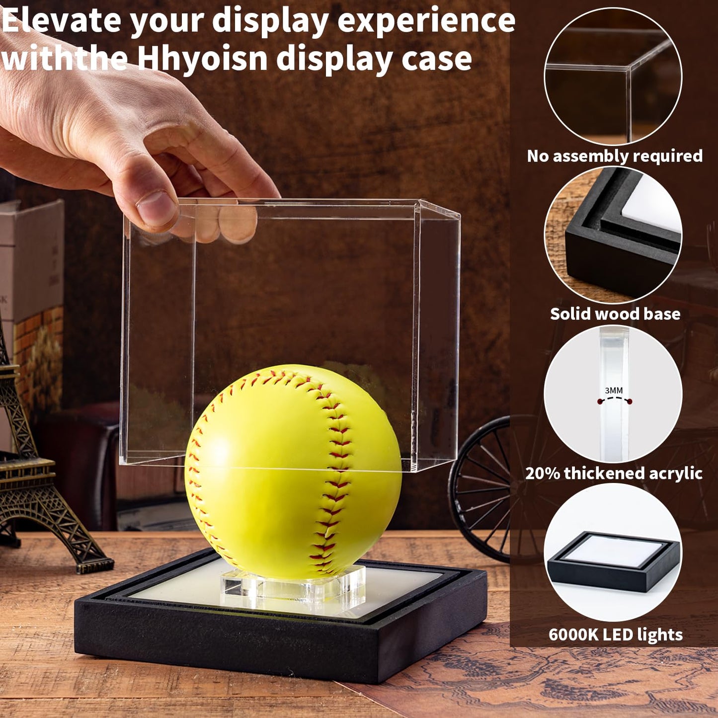 Softball Display Case with LED Light and Solid Wood Base, UV Protected Acrylic Display Box for Memorabilia, Signed Balls Showcase, No Assembly Required