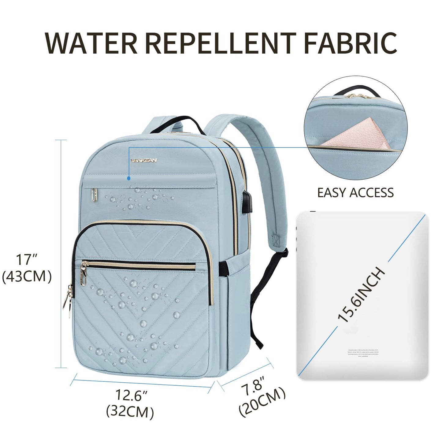 VANKEAN 15.6 Inch Laptop Backpack for Women Work Laptop Bag Fashion with USB Port, Waterproof Backpacks Stylish Travel Bags Casual Daypacks for College, Business, Light Blue
