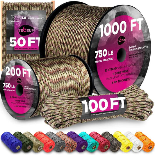 TECEUM Paracord Type IV 750 lb Camo – 1000 ft – 4mm – Nylon Strong Tactical MIL–SPEC Parachute Cord – Survival Rope Emergency para Cord 11 Strands Core EDC Camping Hiking Military Gear 788a