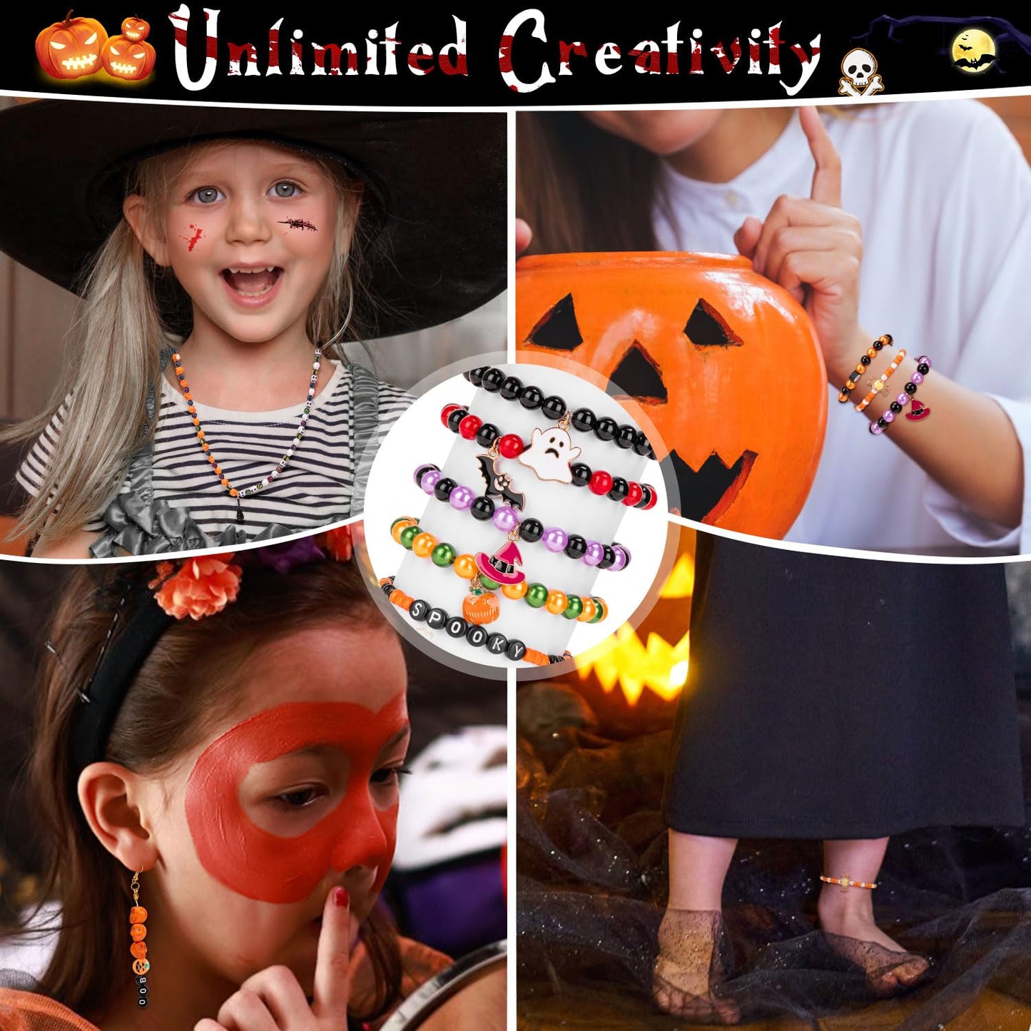 Goldwise Halloween Friendship Bracelet Kit for Kids,1 Box Halloween Beads and Black Letter (A-Z) for Jewelry Making, Varieties of Charms Jewelry Making，DIY Crafts for Gifts Party