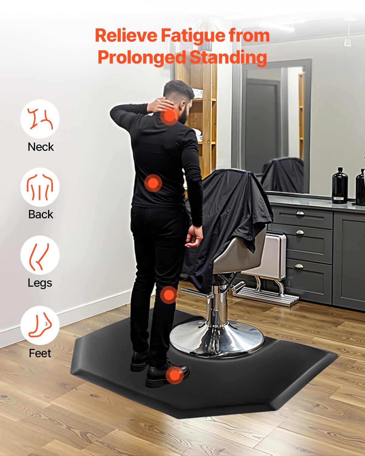 VEVOR Salon Mat for Hair Stylist, 4 x 5 FT Hexagon Salon Chair Mat Anti Fatigue, 1-inch Thickened Barber Shop Floor Mat with Round Cut Out, Easy-to-Clean PVC Surface & Anti-Trip Beveled Edges