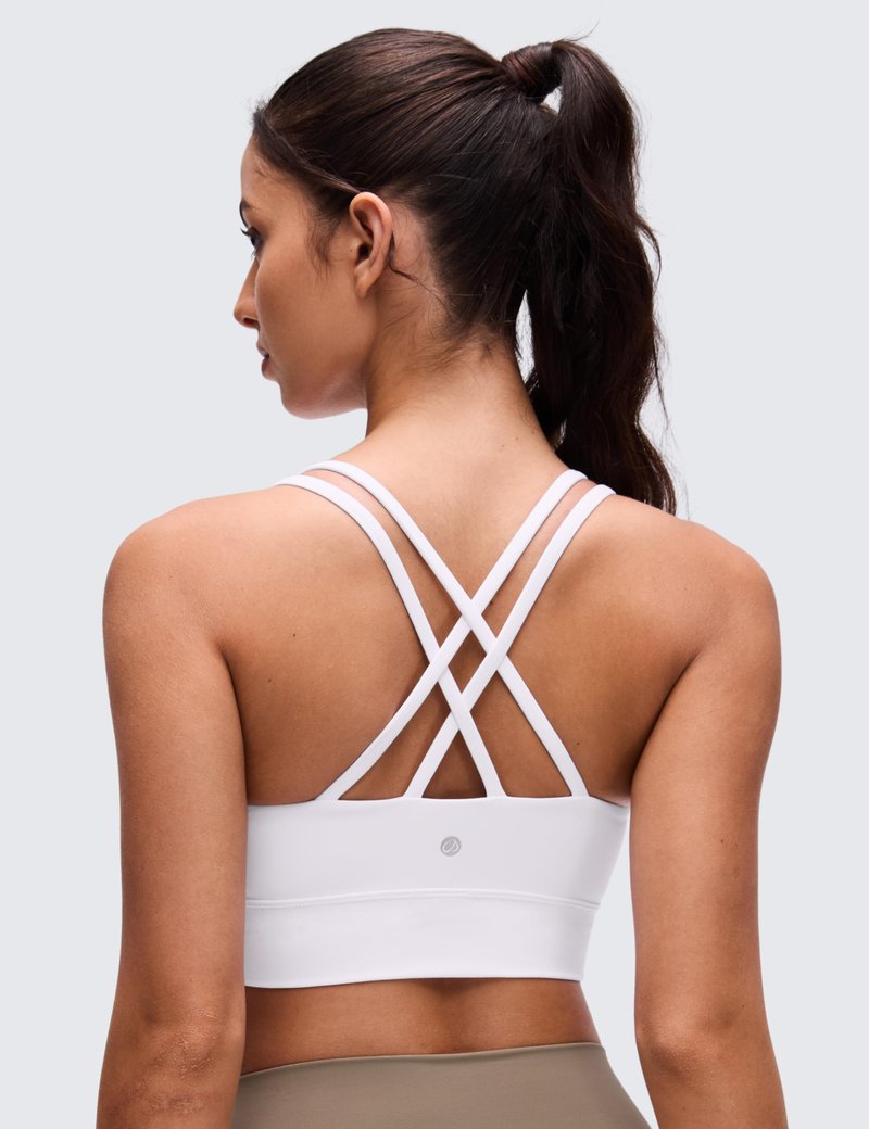 CRZ YOGA Softness Mold Butterluxe Strappy Longline Sports Bras for Women - Double Spaghetti Strap Workout Yoga Crop Top White Medium