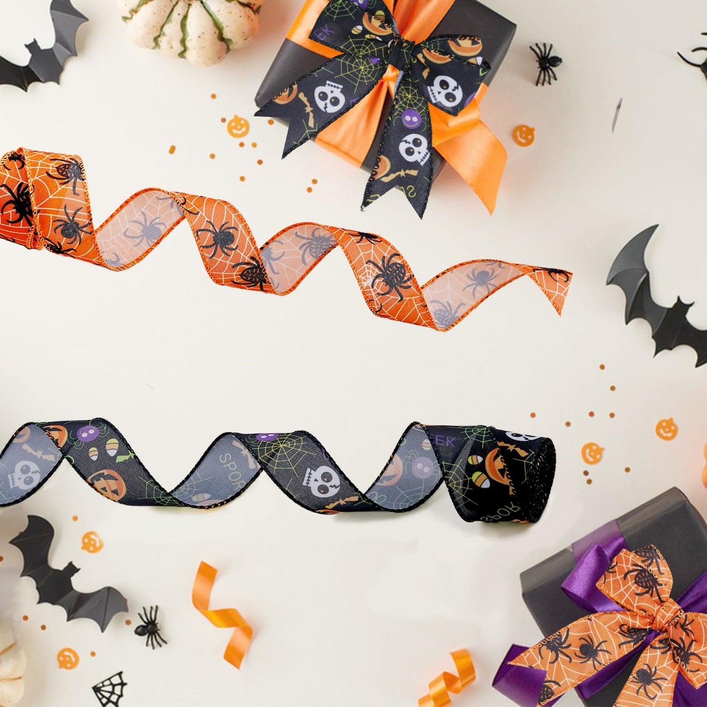 2 Rolls 12 Yards Wired Edge Ribbon - Skull Pumpkin Halloween Decorative Spider Web Printed Wrapping Ribbon for Party Wreath DIY Craft Floral Bow