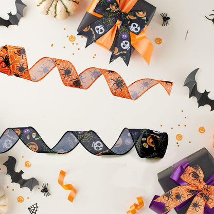 2 Rolls 12 Yards Wired Edge Ribbon - Skull Pumpkin Halloween Decorative Spider Web Printed Wrapping Ribbon for Party Wreath DIY Craft Floral Bow
