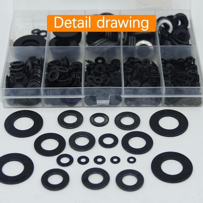 1100 Pcs 9 Sizes Flat Washers for Screws Bolts Black Metal Assorted Washers M2 M2.5 M3 M4 M5 M6 M8 M10 M12 for Furniture Mechanical Repairs
