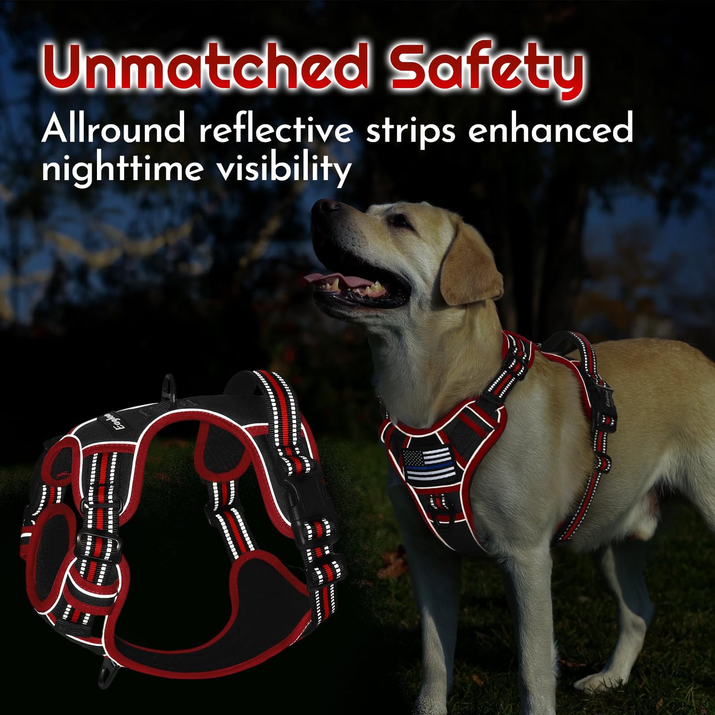 Eagloo Dog Harness for Large Dogs, Easy Wearing with 3 Buckles, Adjustable No Pull Pet Harness with 2 Rings for Walking, No Chock Reflective Soft Padded Vest with Control Handle, Black & Red, L