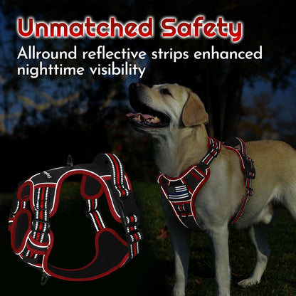 Eagloo Dog Harness for Large Dogs, Easy Wearing with 3 Buckles, Adjustable No Pull Pet Harness with 2 Rings for Walking, No Chock Reflective Soft Padded Vest with Control Handle, Black & Red, L