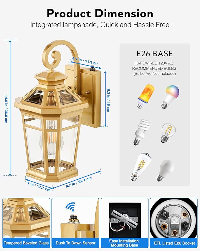 Outdoor Wall Lights Wall Mount, 2-Pack Dusk to Dawn Front Porch Light, Gold Modern Exterior Wall Sconce, Exterior Garage Lighting Fixtures, Weather Resistant Coach Lanterns Outdoor, Anti-Rust