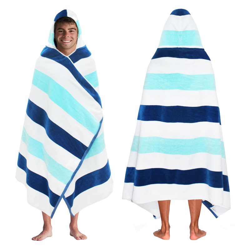 COTTON CRAFT Hooded Beach Towel - Oversized XXL 35x84 Towel with Hood for Adults - The Big Kahuna 7 Foot Beach Blanket Towel - Big & Tall Soft 100% Cotton Velour - Pool Bath Wrap - Cabana Stripe Blue