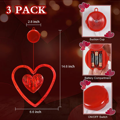 LOLStar Valentines Day Window Lights Decor with Timer, 3 Pack Battery Operated Red Heart-Shaped Window Decorations Silhouette Sucker LED Lamp Slow Fade Mode Romantic Light for 2026 Holiday Indoor Home