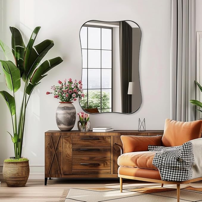 ANDY STAR 24x36 Inch Brushed Nickel Bathroom Mirror, Modern Scalloped Wall Mirror with Unique Notched Edges Design in1 Inch Stainless Steel Frame Wall Mounted Horizontal/Vertical for Home Decor