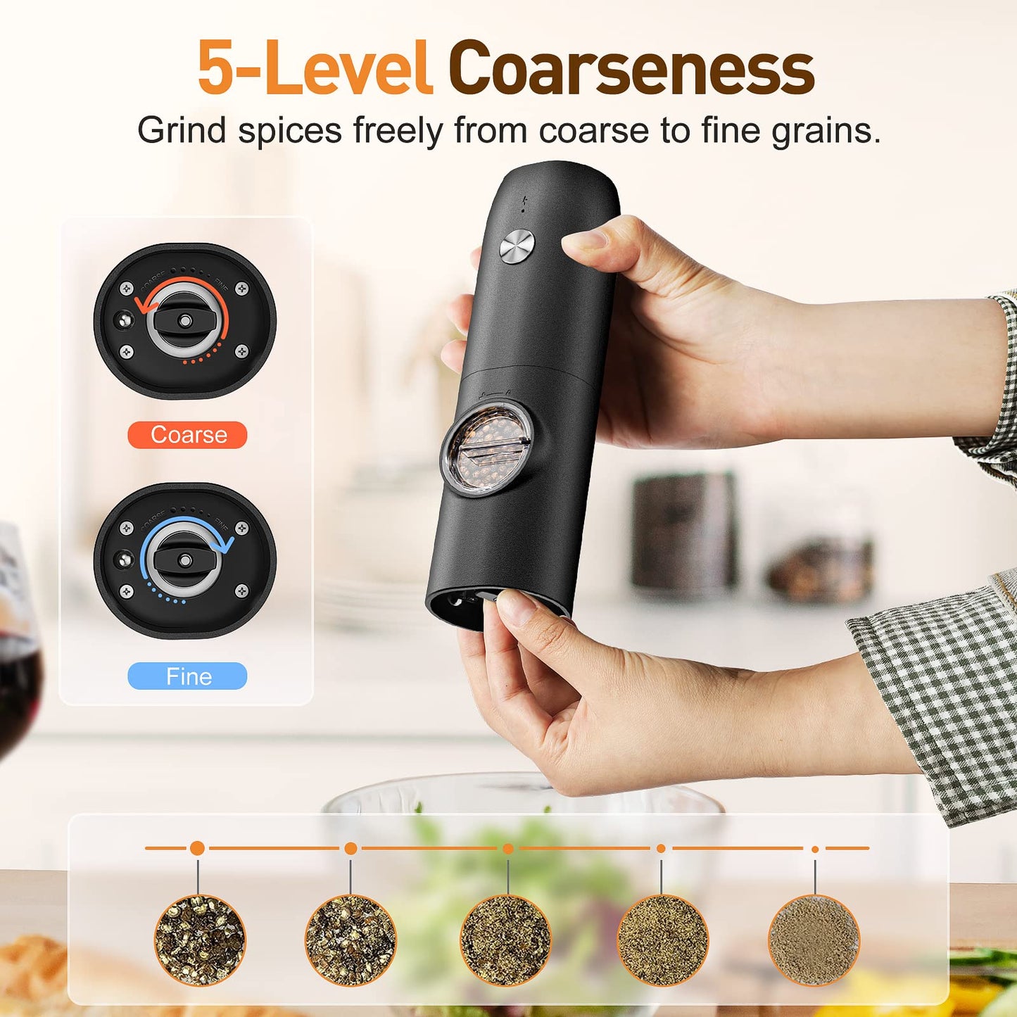 Electric Salt and Pepper Grinder Set-Rechargeable Automatic Pepper Mill Grinder with LED Christmas Gifts for Women, USB Adjustable Coarseness shakers, One-Hand Operation for Kitchen Appliances