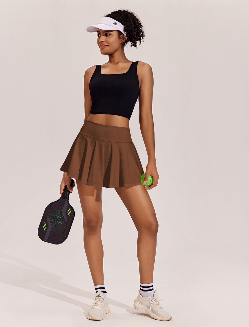 PINSPARK Tennis Skirts for Women Pleated Solid Athletic Skorts with Shorts Underneath 14" Pickleball Skirt, Brown Large