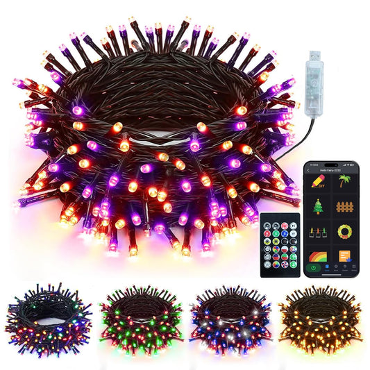 50FT Smart Halloween Party Lights - APP Controlled RGB String Lights with Music Sync, DIY Spooky Effects (Orange/Purple/Green), USB Powered for Indoor Haunted House, Porch & Yard Decor
