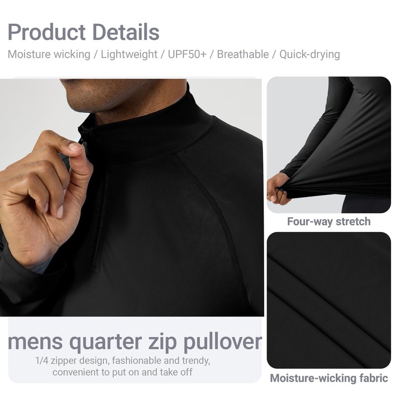 YEL Men's Long Sleeve Athletic Shirt 1/4 Pullover Zip Sun Protection Rash Guard UPF 50+ Golf Fishing Running T-Shirts Black