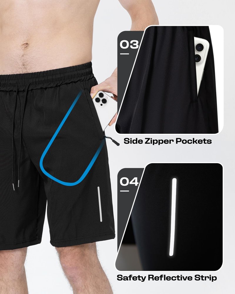 JWJ 3 Pack Mens Athletic Gym Workout Shorts Lightweight Quick Dry 9 inch Inseam Running Shorts for Men Activewear Basketball Short with Zipper Pockets Black Black Army L