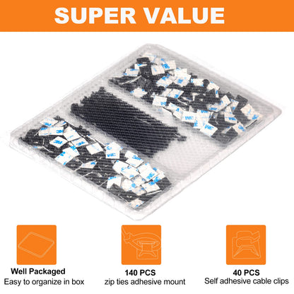 140 Pack 3/4" Zip Tie Adhesive Mounts Self Adhesive Cable Base Holders with Multi-Purpose Tie wire clips with screw hole,Anchor stick on wire holder,Black