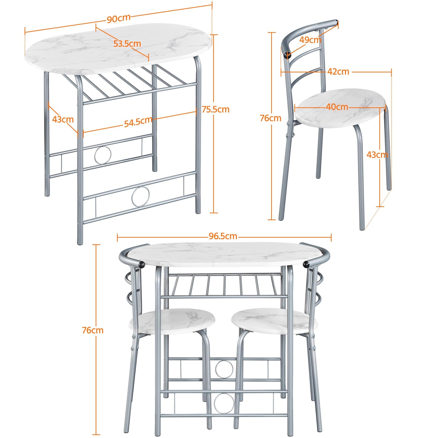 Yaheetech 3 Piece Modern Dining Table Set, Kitchen Table and Chairs Set for 2, Space Saving Table Set, Breakfast Nook Table Set with Steel Legs and Storage Rack for Kitchen/Small Space, White