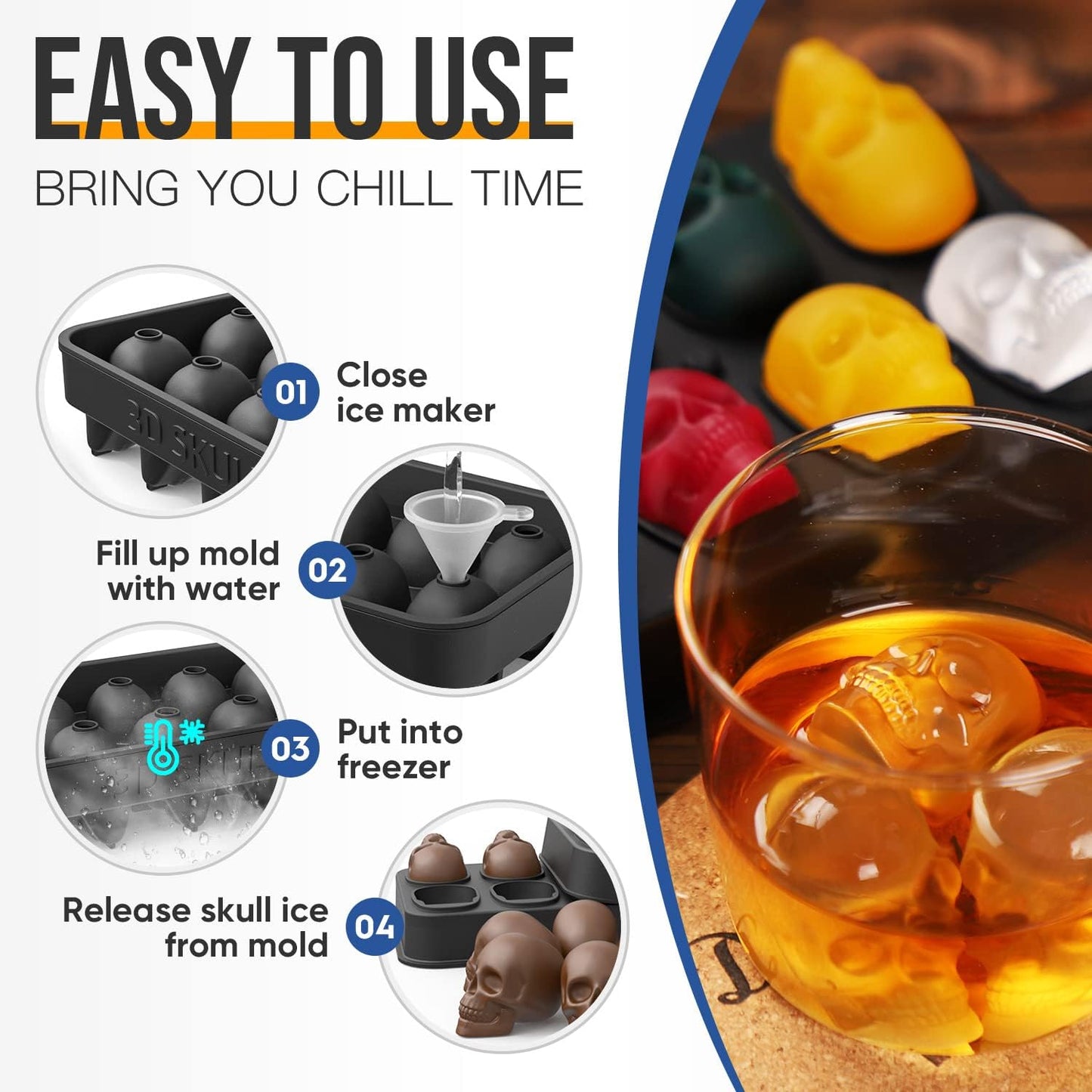 HAVOER 3D Skull Ice Cube Mold Tray -Novelty Shaped Ice Maker for Whiskey Cocktails Drinkers,Bartenders,Easy Release Silicone kull Molds,Baking Chocolate Candy,Home Bars