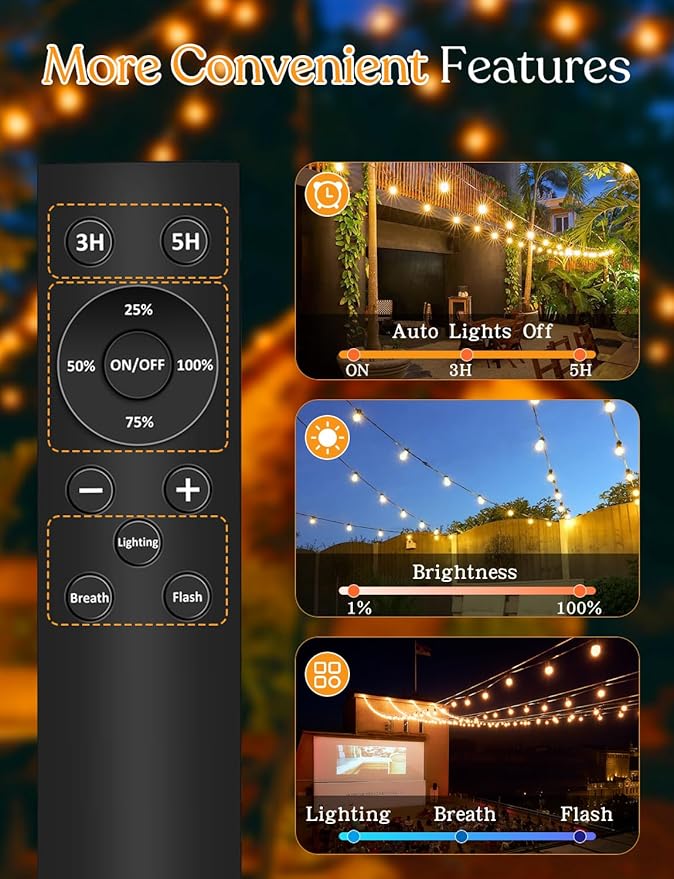200ft Solar Outdoor String Lights with Remote - USB Rechargeable Solar Powered Outdoor Patio Lights - Larger 3.5W Solar Panel, Timer, Dimmable Shatterproof ST38 Bulbs for Backyard, Garden, Pool