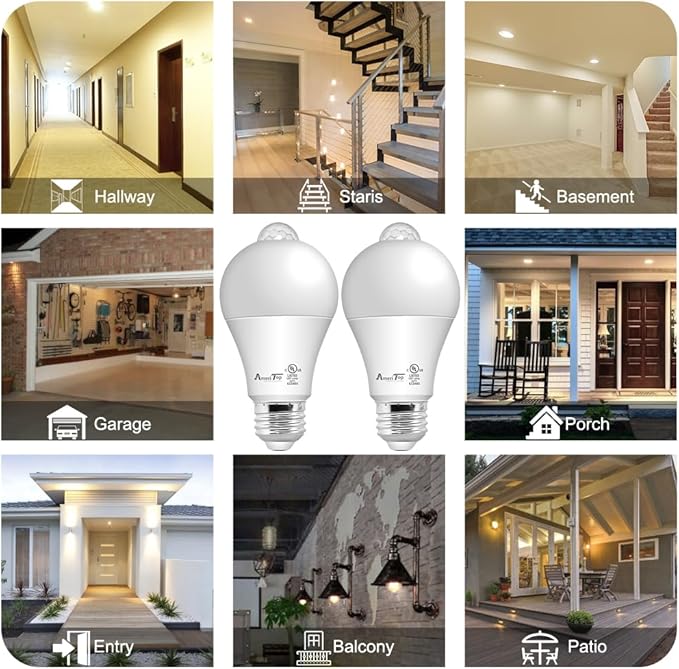 AmeriTop Motion Sensor Light Bulb- 4 Pack, 10W(60W Equivalent) 806lm Motion Activated Dusk to Dawn Security LED Bulb; UL Listed, A19, E26, Auto On/Off Indoor Outdoor Lighting (2700K Soft White)