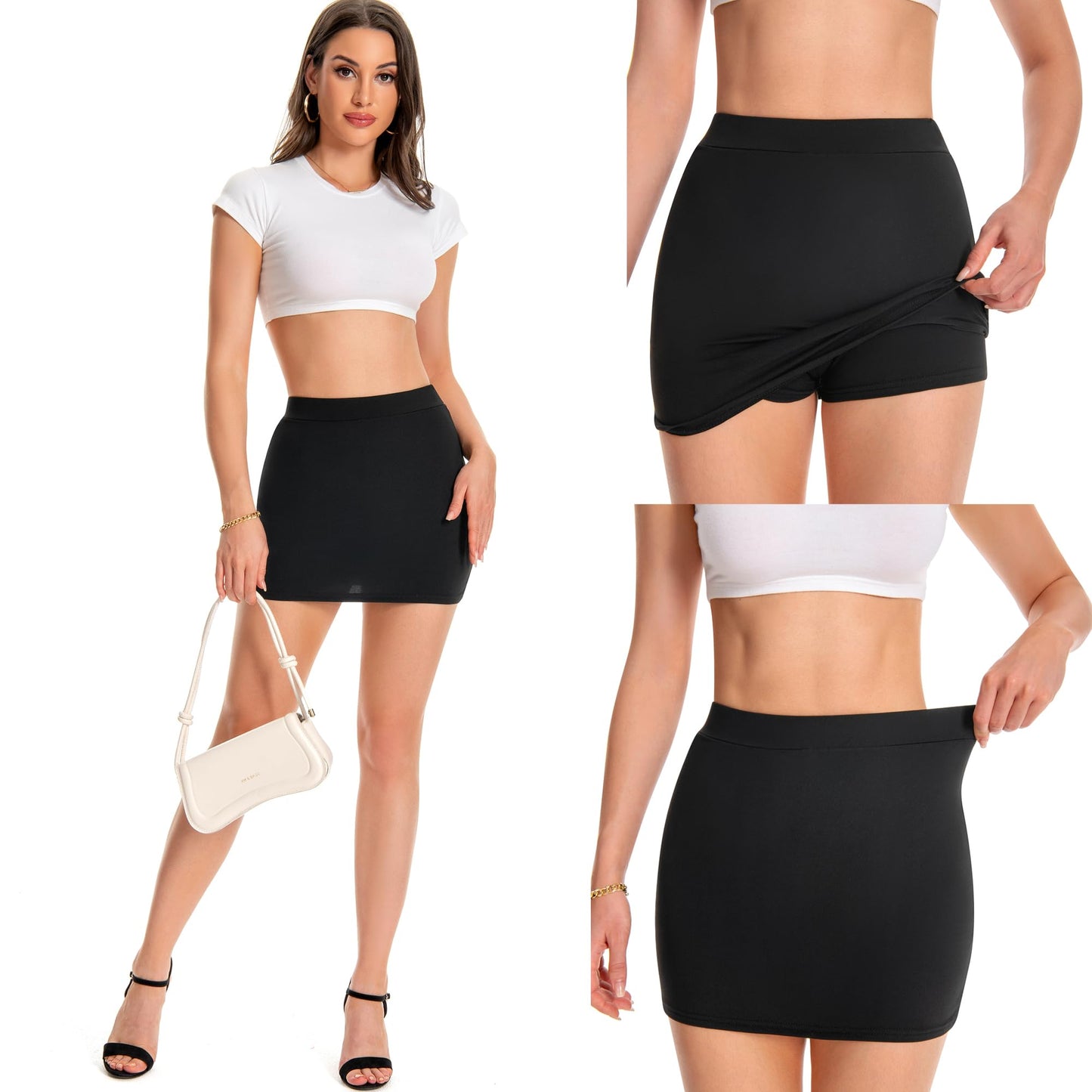 Bodycon Mini Skirt with Shorts Underneath, Sexy Night Club Y2k Summer High Waisted Elastic Pencil Skirts for Women (2857 Black L)