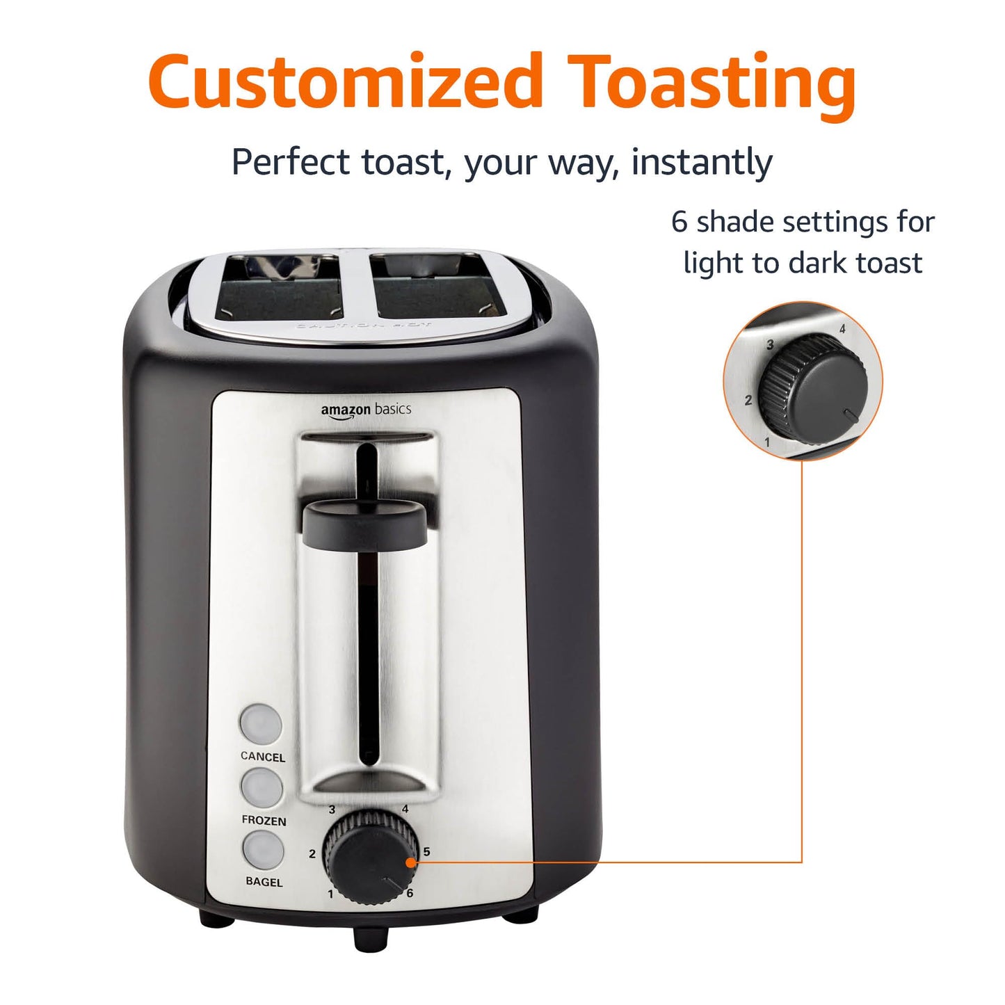Amazon Basics 2 Slice Toaster, With 6 Browning Settings, Extra Wide Slots For Bagels and Special Breads, Removable Easy-to-Clean Crumb Tray, Cancel/Defrost/Bagel Buttons, 900W, Black & Silver