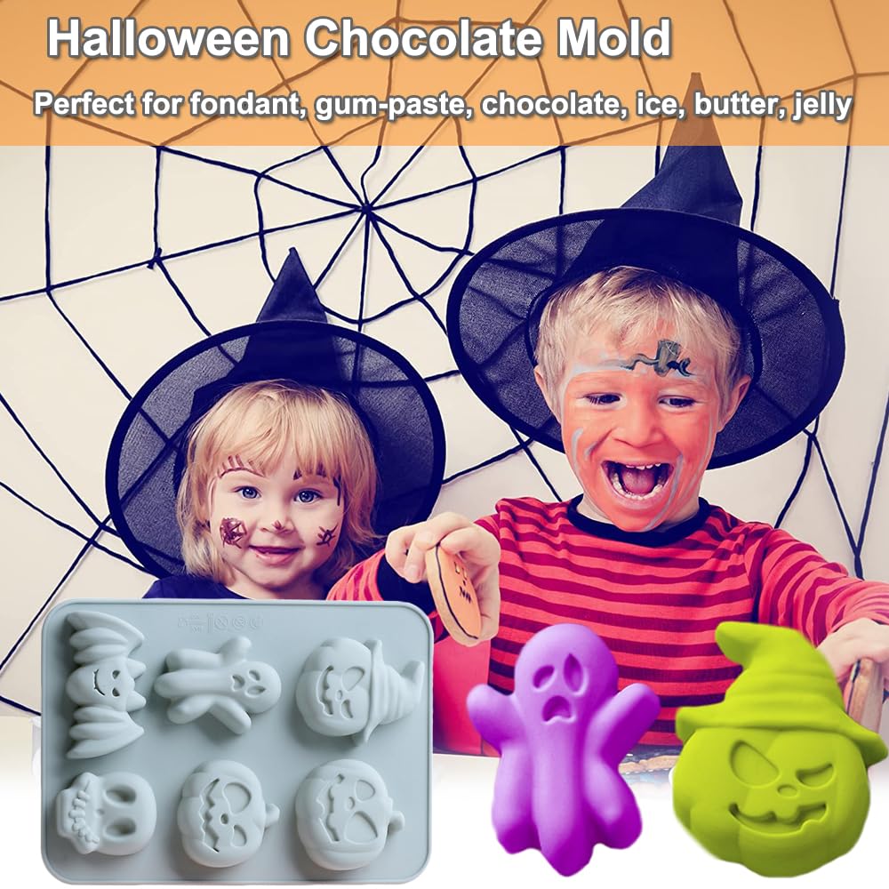 2 Pack Halloween Silicone Cake Mold Pumpkin Bat Skull Ghost Shape Silicone Mold for Chocolate Candy Gummy Jello Ice Cube Crayon Melt Biscuits, Soap Molds Silicone Baking Mold Making Kit for Kids