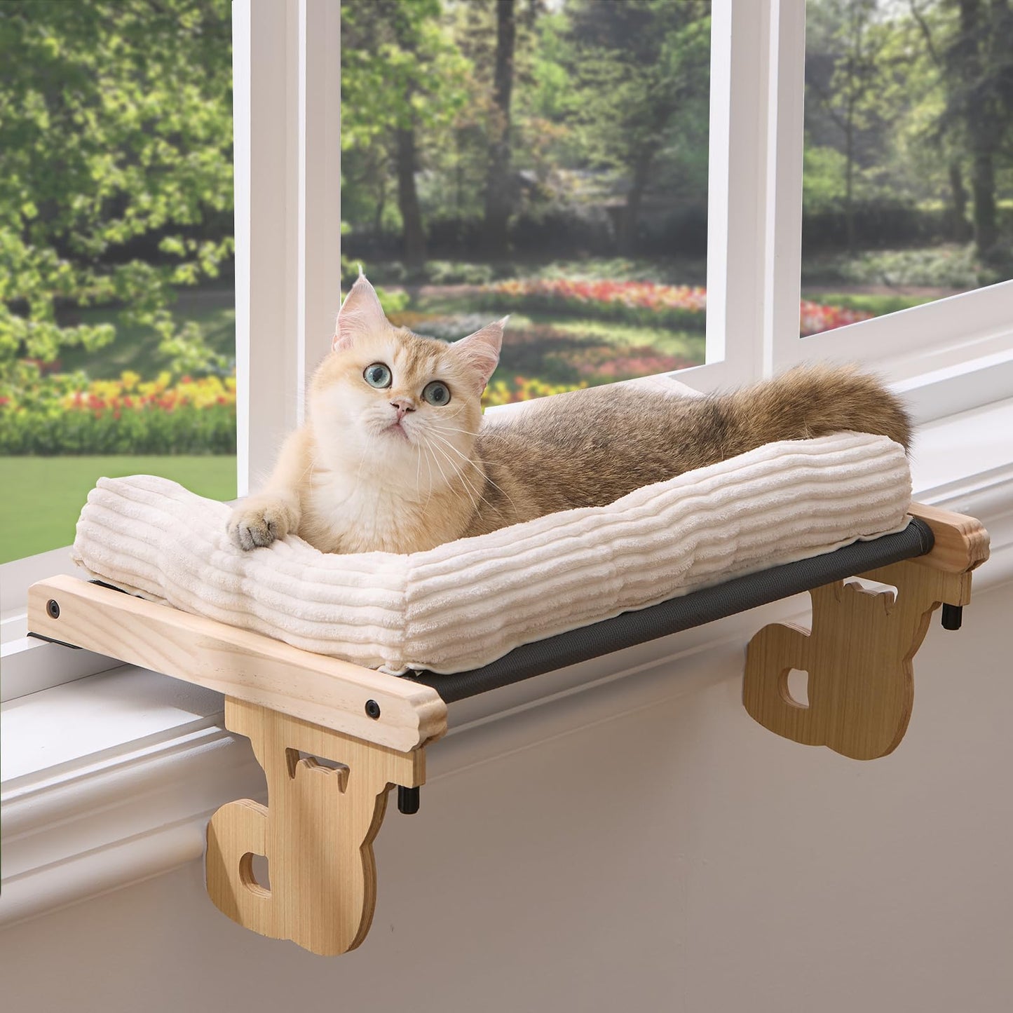 Gardner Pet Cat Window Perch, 2 in 1 Cat Hammock Window Sill Seat with Cushion, Adjustable Cat Bed for Window sill, Wood & Metal Frame for Large Cats(Beige)
