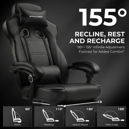 GTPLAYER Gaming Chair with Footrest, Big and Tall Computer Game Chair 350lb Racing Style, Ergonomic High Back Lumbar Support and Recliner, Black