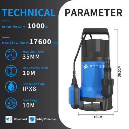 FOTING 1000W Submersible Water Pump to Empty Pool, Dirty/Clean Water, 17600 L/H Electric Sump Pump with Float Switch, Portable Water Pump for Garden Pond, Hot Tub, Pool Draining, Ditches