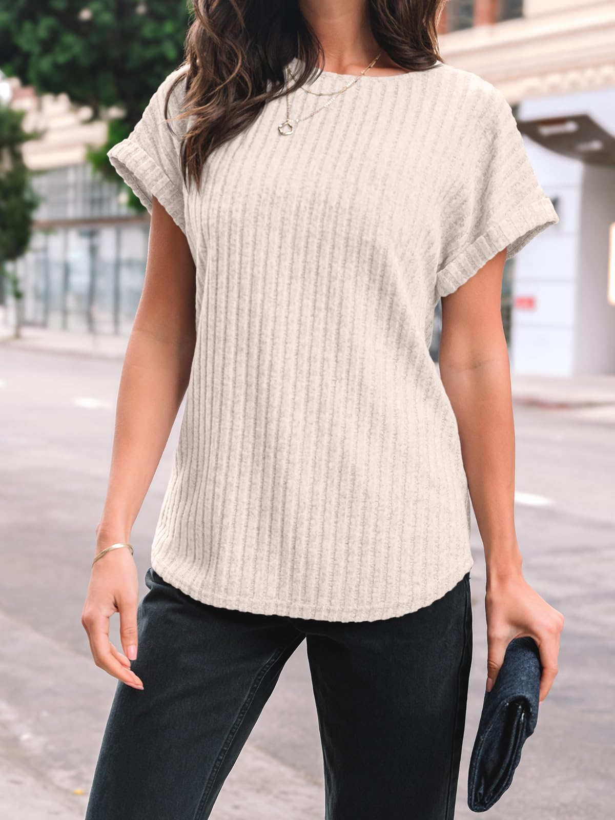 AUTOMET Women Textured Shirts Fall Sweaters Loose Fit Short Sleeve Tunic Tops 2025 Dressy Casual Business Blouses Apricot S