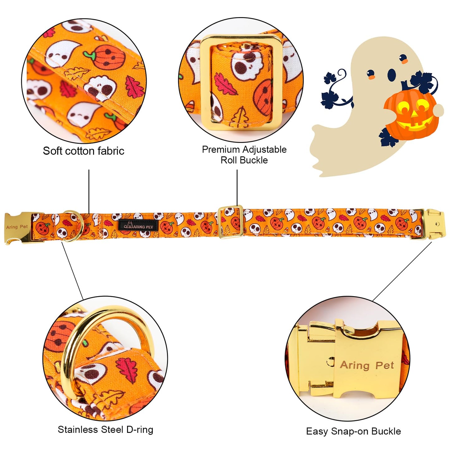 ARING PET Halloween Dog Collar with Bow, Cute Orange Ghost Pumpkin Pets Necklace Detachable Bow Tie Collars for Puppy Small Medium Large Girl Boy Dogs-XS