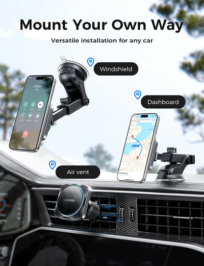 CHGeek for 15W Magsafe Car Mount Charger, iPhone Wireless Car Charger Magnetic Car Phone Holder Mount Fit iPhone 16 15 14 13 Magsafe Case, Vent/Windshield/Dash Phone Mount Holder Fast Cooling Charger