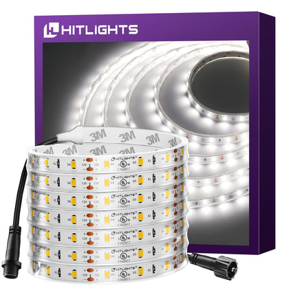 HitLights Outdoor LED Strip Lights Waterproof White, 16.4ft Dimmable Tape Light 5000K, IP67, 300 LEDs, 150Lm/ft, 12V Flexible Rope Lights for Home, Balcony, Roof, Patio (Power Source Not Included)