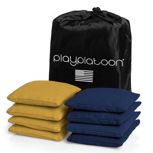 Play Platoon Weather Resistant Cornhole Bags - Set of 8 Regulation Corn Hole - Navy Blue & Gold - Durable Duck Cloth Corn Hole for Tossing Game, Includes Tote Bag