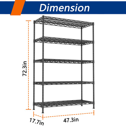 REGILLER 5-Wire Shelving Metal Storage Rack Adjustable Shelves,Standing Storage Shelf Units for Laundry Bathroom Kitchen Pantry Closet(Black,11.8" D x 16.6" W x 53.5" H)