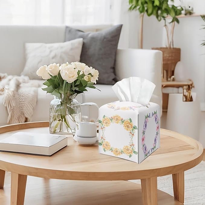 Yellow Floral Wreath Tissue Box Cover Square, Leather Tissue Holder with Bottom Belt, for Nightstands Desks Office Bathroom Car Vanity Home Decor Supplies -023