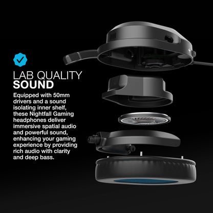 JLab Nightfall Gaming Headset with Near-Field Directional Flip-to-Mute Rotating Boom Mic, 50mm Drivers and Sound Isolating Inner Shelf, Wired 3.5mm for PC, PS5, PS4, Xbox Series X/S, Xbox one, Switch
