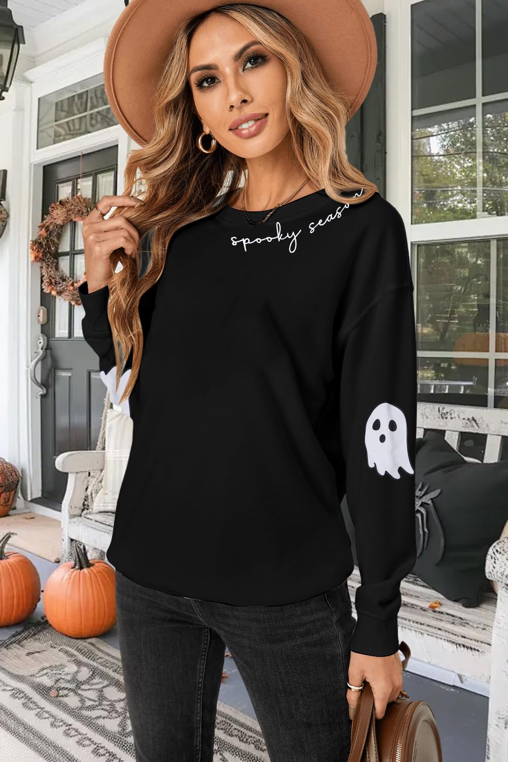 HEBBE Spooky Season Sweatshirts Halloween Ghost Sweatshirt Women - Halloween Graphic Crewneck Tops Casual Sweater