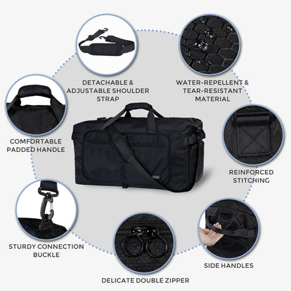 Fmeida 65L Foldable Travel Duffle Bag, Lightweight Waterproof Weekend Luggage with Shoes Compartment, Large Overnight Holdall Tote, Black