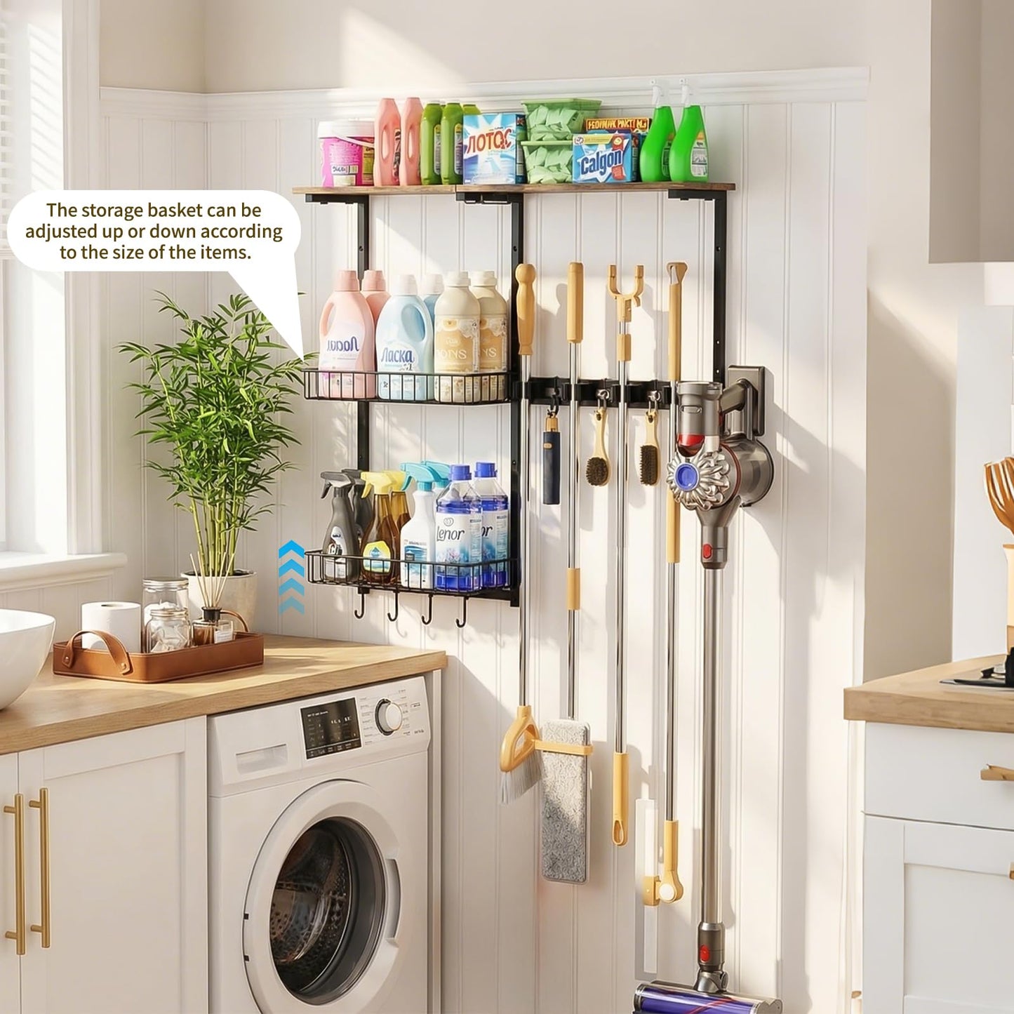 LYYKCCXYY Broom Holder Wall Mount，Mop Rack With Storage Basket,Diversity Laundry Room Cleaning Tool Storage container，Suitable Family Garage Kitchen Organization Wall-Mounted Rack (Black, Medium)