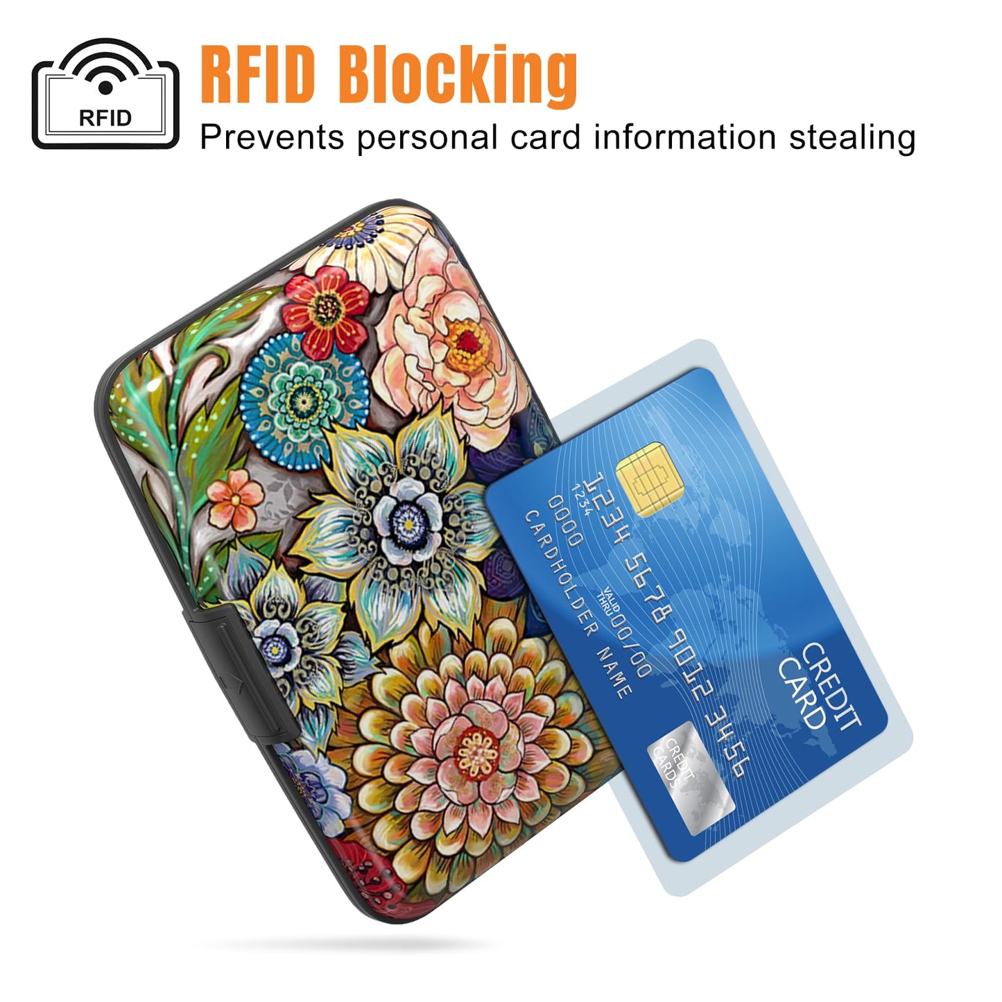 Rimilak Aluminuml Credit Card Holder, Mini Credit Card Wallet RFID Blocking Slim Metal Hard Case for Women Men, Mandala Flower