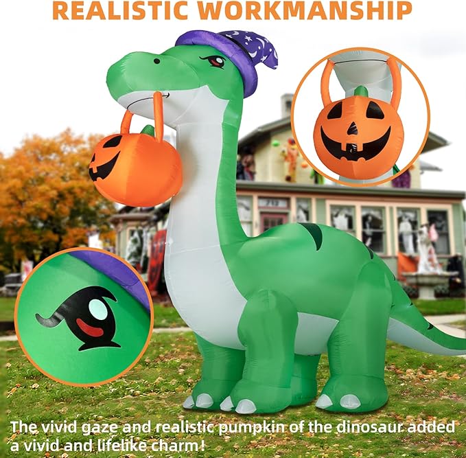 10FT Halloween Inflatable Huge Dinosaur Decorations Outdoor, Blow Up Yard Decorations Built-in LED Lights,Halloween Party Decorations with Witch Hat and Pumpkin,for Garden/Lawn.