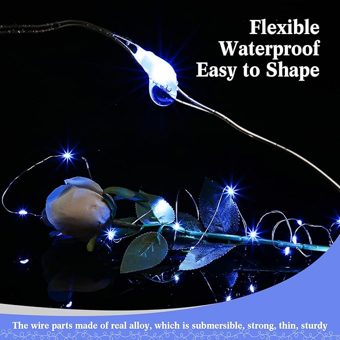 Hortsun 100 Packs Fairy Lights Battery Operated 3 Speed Modes, 7 Ft/ 2 M 20 LED Battery String Mini Waterproof Wire Twinkle Lights Bulk for Wedding Party Birthday Vases (Blue Light)