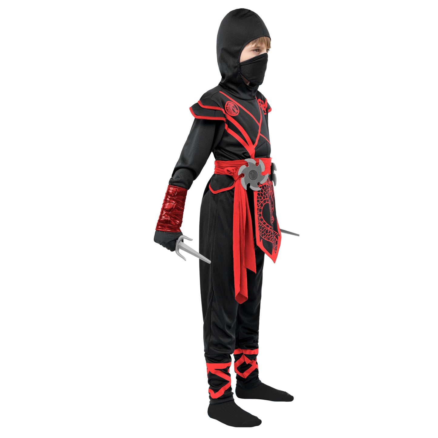 Spooktacular Creations Halloween Ninja Costume Kids, Black Red Ninja Dragon Jumpsuit Set, Boys Halloween Costume for DressUp and RolePlay Party (Medium, 8-10 yrs)