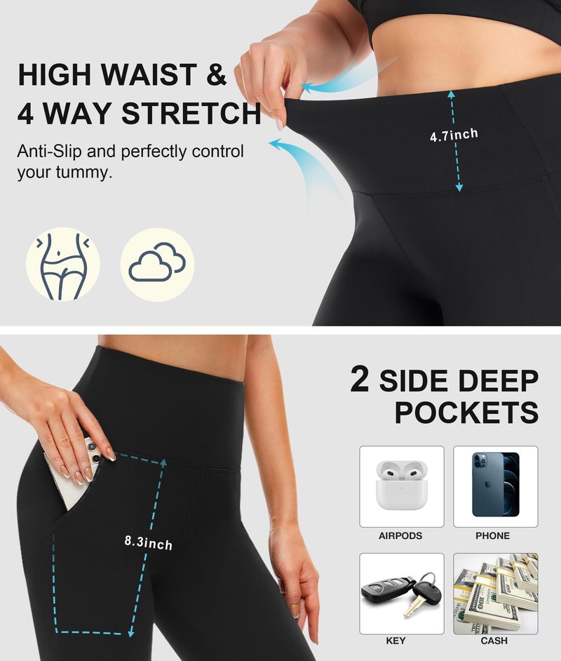 Capri Leggings for Women with Pockets,High Waisted Yoga Pants Tummy Control Black Leggings Workout Capris Womens Leggings with Pockets Buttery Soft Stretch Yoga Leggings for Cycling Running Athletic