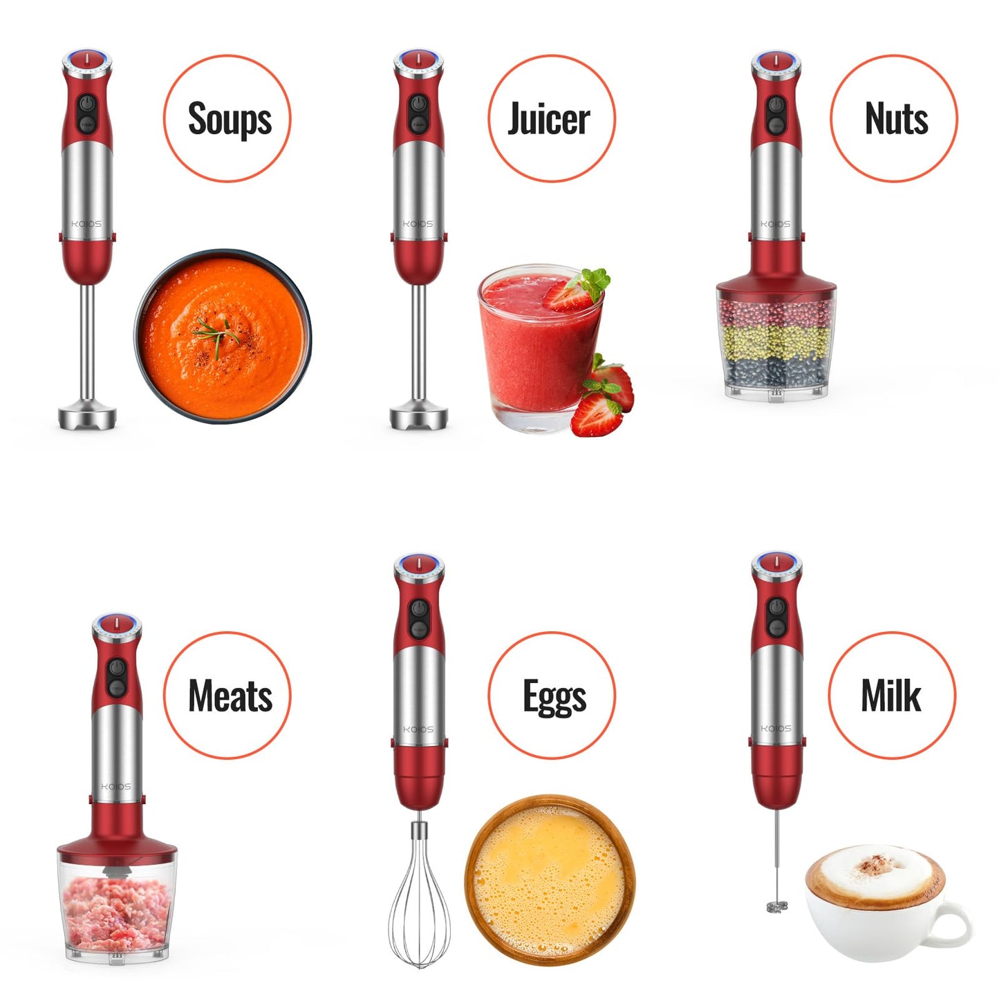 KOIOS 5-in-1 Hand Immersion Blender, 1000W 12 Speed Handheld Blender Stick with Copper Motor Stainless Steel Blade, 600ml Mixing Beaker,500ml Food Processor, Whisk, Milk Frother, Non-BPA, Red