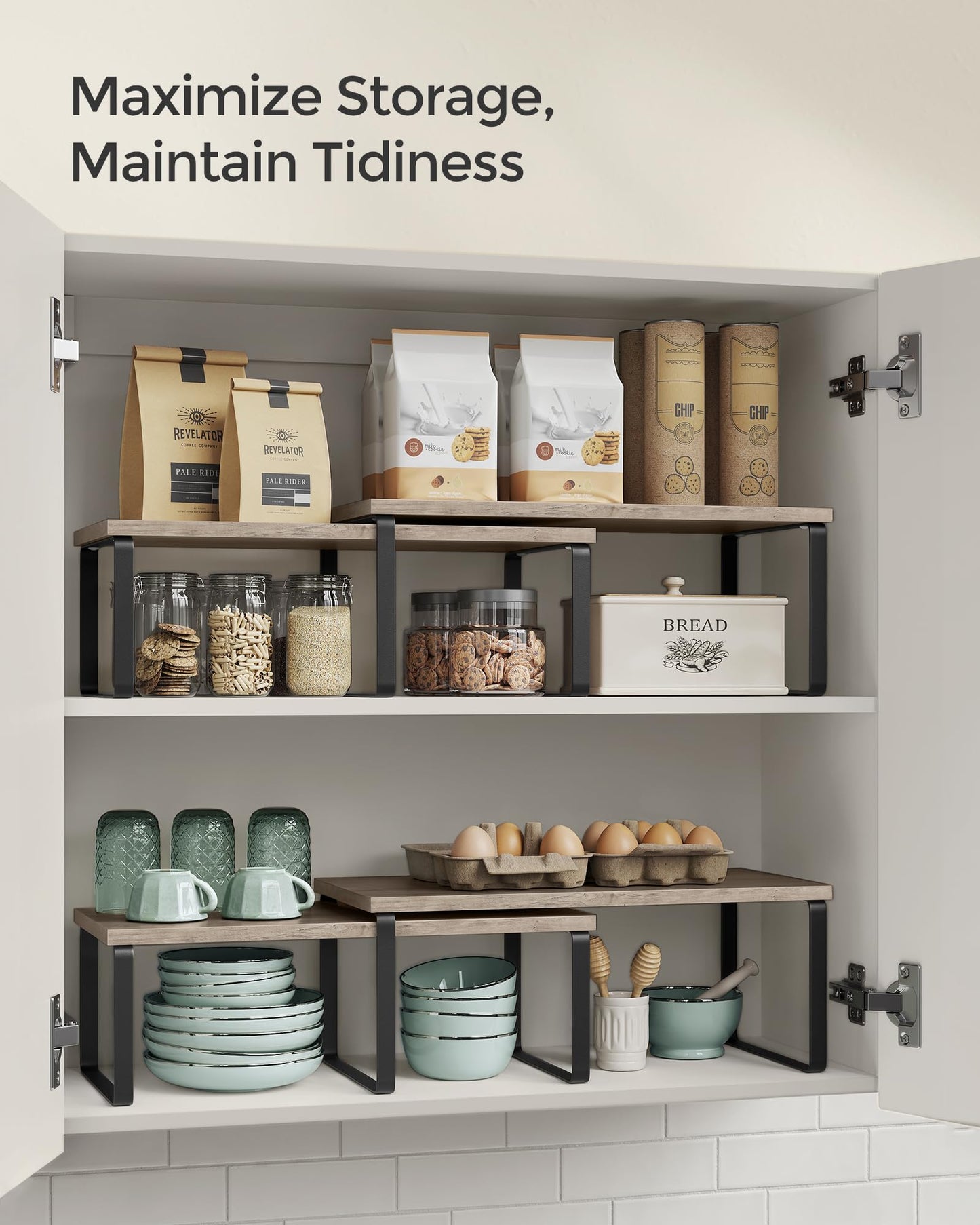 SONGMICS Cabinet Organizer Shelf, Set of 2 Kitchen Counter Shelves, Kitchen Storage, Spice Rack, Stackable, Expandable, Metal and Engineered Wood, Ink Black and Natural Beige UKCS02NB